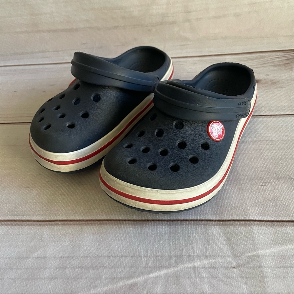 CROCS Kids Navy Blue and White with Red Stripe Clogs